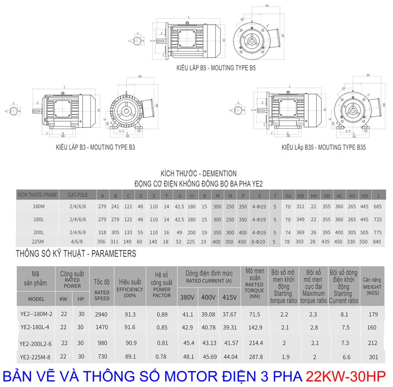 Motor động cơ điện 3 pha IE2 22kw 380v 30hp